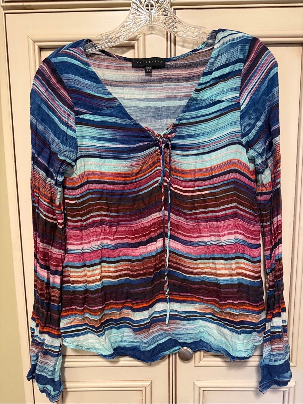 Sanctuary Multicolor Striped V-Neck Tie Blouse